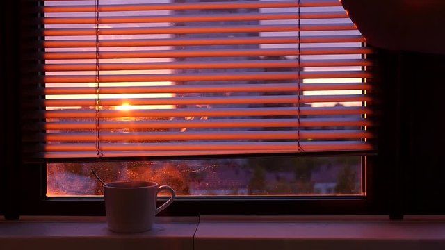 The rays of the sunset make their way through the open jalousies, against the background of the city buildings, with a cup of hot tea and steam at the window. slowmotion, HD, 1920x1080