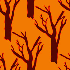 seamless pattern of a burgundy tree with bare branches on a orange background
