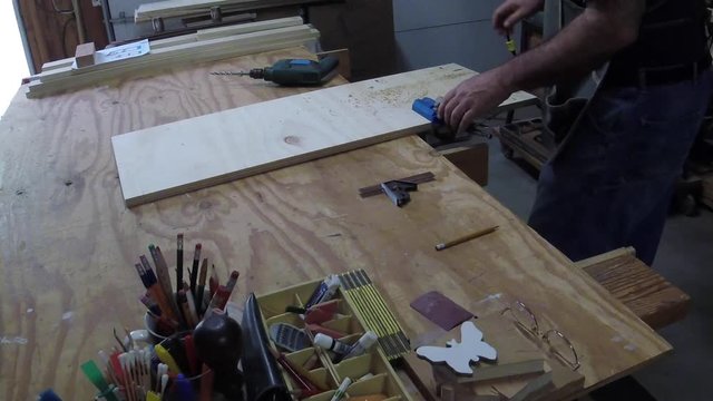 drill pocket holes in plywood shelf with pocket hole jig as needed for assembly 
