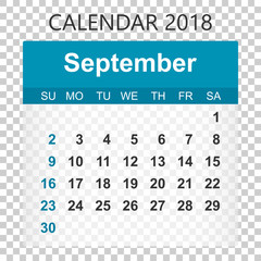 September 2018 calendar. Calendar sticker design template. Week starts on Sunday. Business vector illustration.