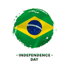 Banner or poster of Brazil Independence Day celebration. Waving flag of Brazil, brush stroke background. Vector illustration.