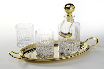 elegant whisky set with golden tray