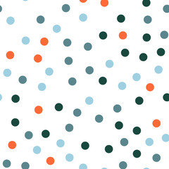 Colorful polka dots seamless pattern on white 26 background. Marvelous classic colorful polka dots textile pattern. Seamless scattered confetti fall chaotic decor. Abstract vector illustration.