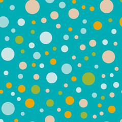 Colorful polka dots seamless pattern on bright 1 background. Radiant classic colorful polka dots textile pattern. Seamless scattered confetti fall chaotic decor. Abstract vector illustration.
