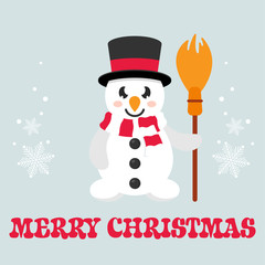 cartoon cute snowman with broom and text