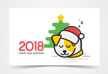 Happy little Puppy with Santa s hat on his had sleep at Christmas tree vector illustration. Holidays card 2018 line art style light background