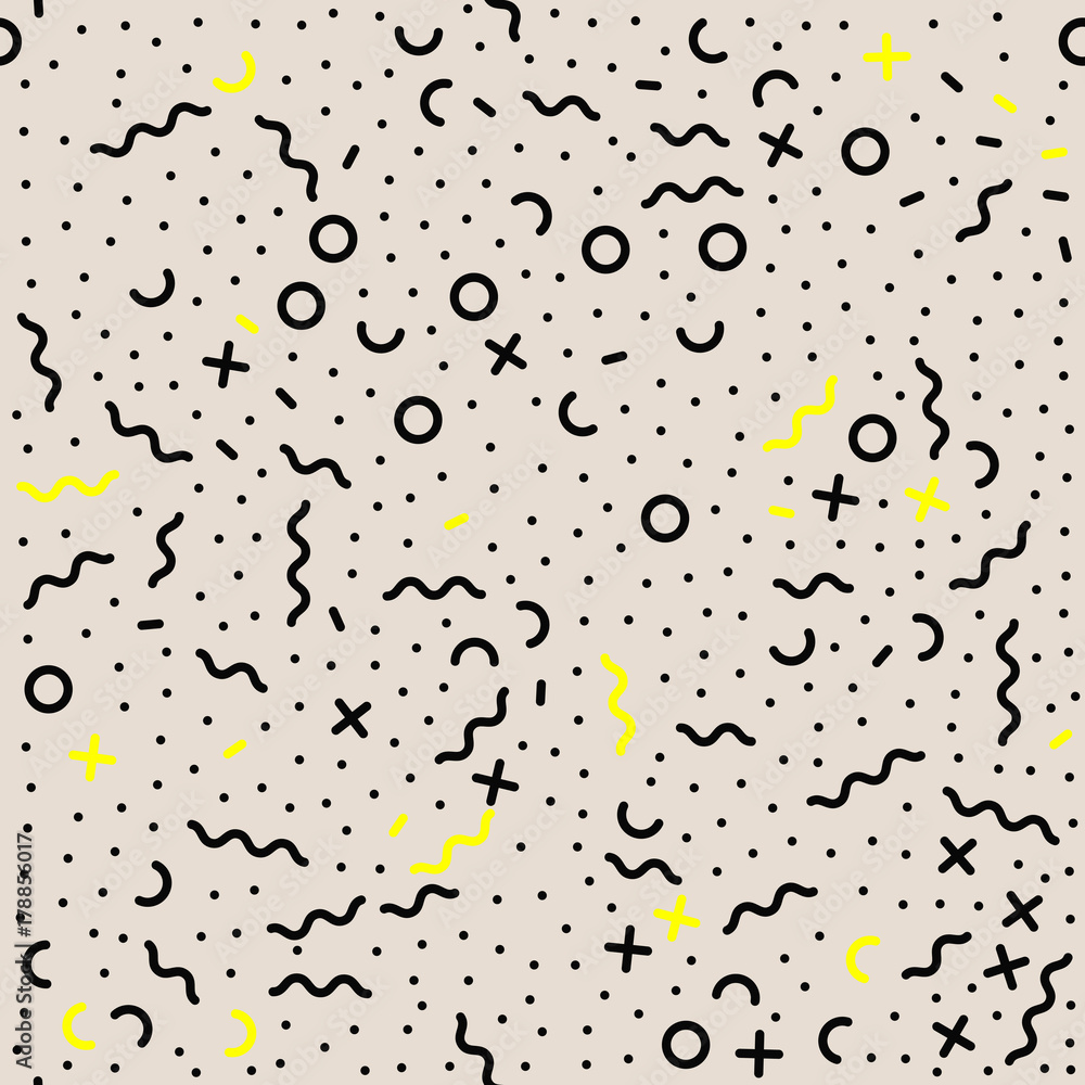 Poster Memphis abstract geometric pattern background. Vector irregular chaotic lines, dots and circles pattern modern trendy seamless background tile design template