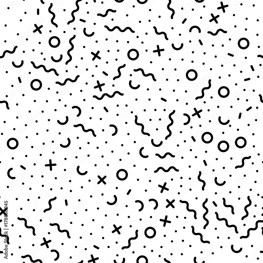 Poster Abstract geometric pattern background. Vector irregular chaotic black lines, dots and circles pattern modern trendy seamless white Memphis retro background tile design template