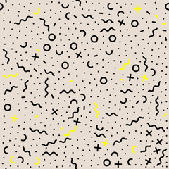 Memphis abstract geometric pattern background. Vector irregular chaotic lines, dots and circles pattern modern trendy seamless background tile design template