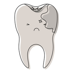 kawaii tooth with root and caries by side in watercolor silhouette