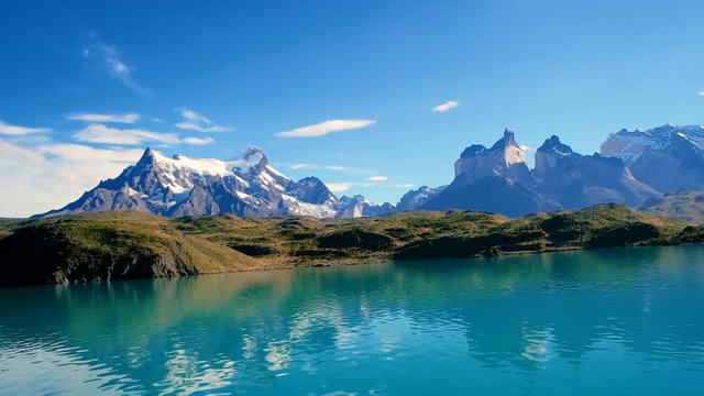 Peaks of Torres del Paine, National Park, Patagonia, Chile, summer time, shot from a boat