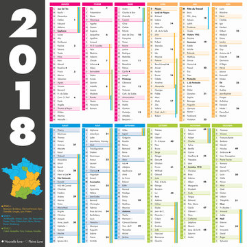 Calendrier 2018 complet 12 mois vacances scolaires lune multicolore