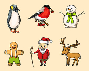 engraved hand drawn in old sketch and vintage style for label. Merry Christmas or xmas, New Year Collection. winter holiday decoration. bullfinch and Santa Claus and penguin, gingerbread, and deer.