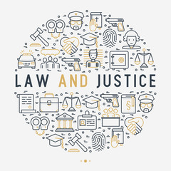 Law and justice concept in circle with thin line icons: judge, policeman, lawyer, fingerprint, jury, agreement, witness, scales. Vector illustration for banner, web page, print media.