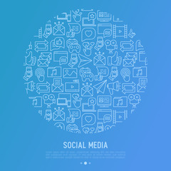 Social media concept in circle with thin line icons: of thumbs up, share, link, send e-mail, music, stream, comments. Vector illustration for banner, web page, print media.