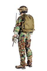 Portrait soldier or private military contractor holding sniper rifle.