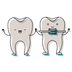 teeth cartoon holding hands and one with dental brace in watercolor silhouette