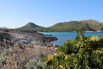Felslandschaft, Pflanzen und t&uuml;rkisfarbenes Meer