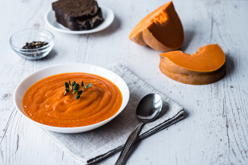 Pumpkin cream soup. healthy eating, dieting, vegetarian kitchen and cooking concept.