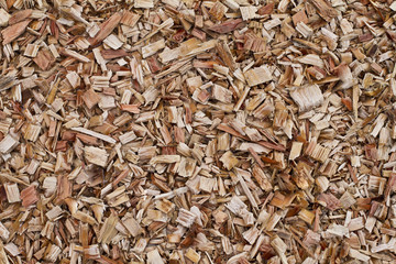 Wood chips background. Fresh wood chips for landscaping