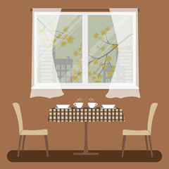 A table with a checkered tablecloth and two beige chairs on a window background. Outside the window there are trees branches with yellow autumn leaves. Vector illustration