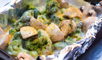 Broccoli, mushrooms in the sauce.