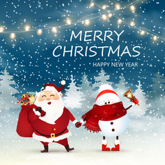 Merry Christmas. Happy new year. Cute, Cheerful Santa Claus with gift bag full of gift boxes, present and little, baby snowman holds jingle bell in Christmas snow scene. Winter landscape.