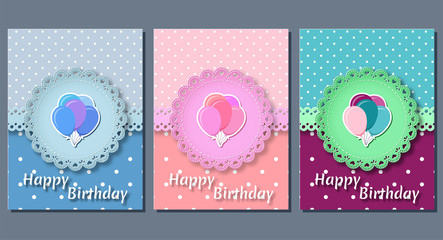 Birthday greeting cards with balloons. Set of happy holiday templates. Vector illustration. Invitation decoration retro background. 