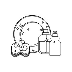 dish and sponge and dishwasher soap in monochrome silhouette