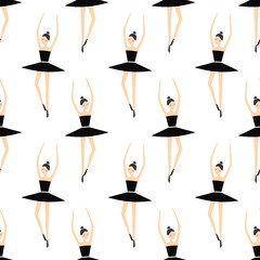Ballerina in black tutu seamless pattern on white background. Ballet dancer vector illustration. Fashion design for textile, wallpaper, fabric, print on baby's clothes.
