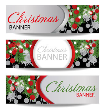 Set Christmas and New Year banners with fir branches and holly berries. Illustration with place for your text.