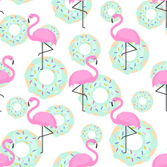 Naklejki  Różowe flamingi i pączki modny wzór na białym tle. Egzotyczne tło. Projektowanie tkanin, tapet, tekstyliów i dekoracji.