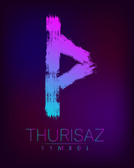 Rune Scandinavia is a Thurisaz riches vector illustration. Symbol of Futhark letters. Brush stripes with trend gradient blue pink color on blur dark background. Magic and mystery sign. Spiritual