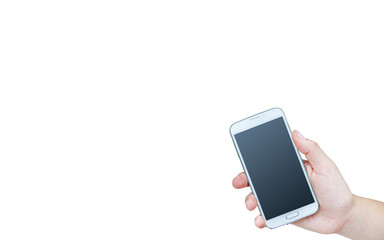 Hand holding phone on white background with copy space for put your text or icon
