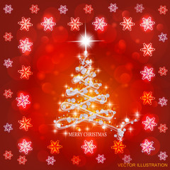 Abstract background with christmas tree and stars. Illustration in red and white colors.