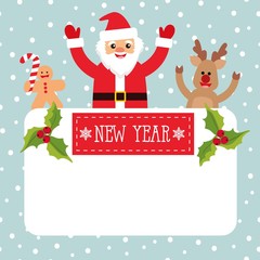 New Year`s vector background Santa Claus, deer, gingerbread man with place for text.