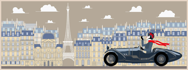 Flapper girl in a retro car on a background of Paris. Handmade drawing vector illustration. Vintage style. - obrazy, fototapety, plakaty