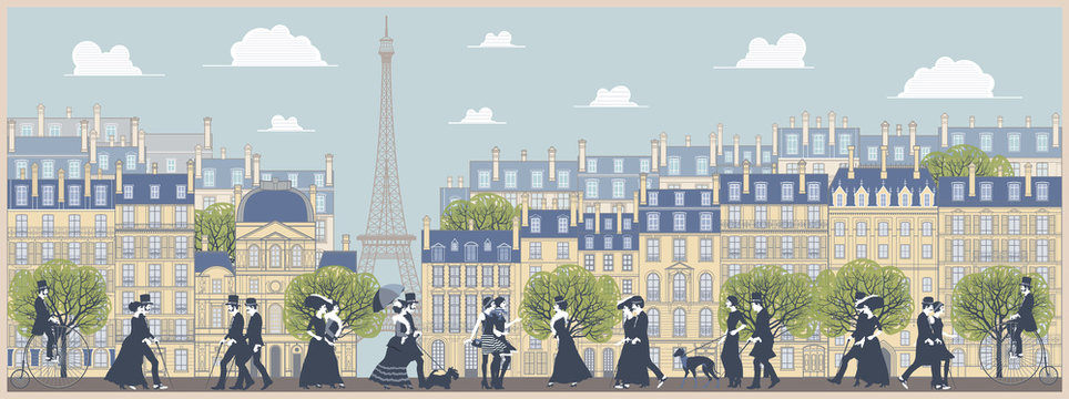 The landscape of the historic part of Paris, the promenade, old traditinal buildings, palaces and walking people. Handmade drawing vector illustration. Vintage style.