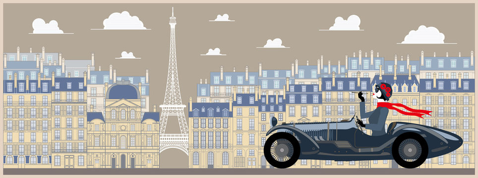 Flapper girl in a retro car on a background of Paris. Handmade drawing vector illustration. Vintage style.