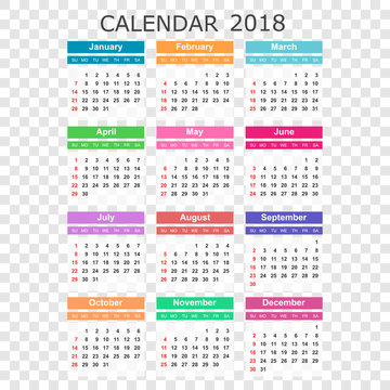 Calendar 2018 year in simple style. Calendar planner design template. Week starts on Sunday. Business vector illustration.