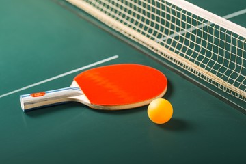 Plakat Table Tennis Racket and Ball on Table with Net
