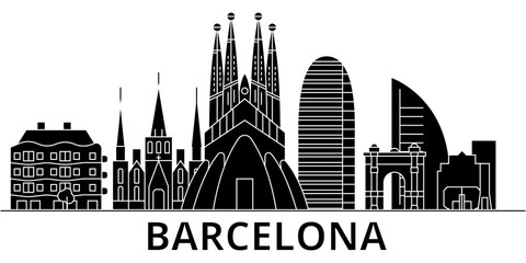 Barcelona architecture skyline, buildings, silhouette, outline landscape, landmarks. Editable strokes. Flat design line banner, vector illustration concept. 