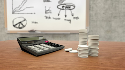 Calculator with coins on a wooden table, school board with drawings 3D Illustration