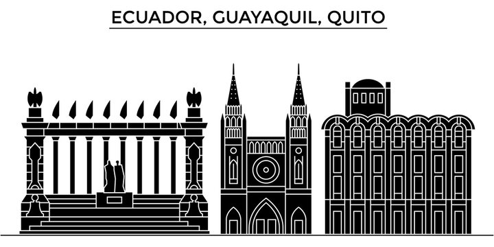 Ecuador, Guayaquil, Quito architecture skyline, buildings, silhouette, outline landscape, landmarks. Editable strokes. Flat design line banner, vector illustration concept. 