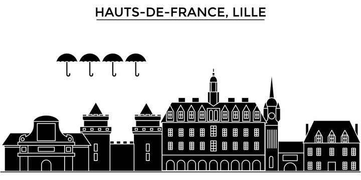 France, Hauts De France, Lille architecture skyline, buildings, silhouette, outline landscape, landmarks. Editable strokes. Flat design line banner, vector illustration concept. 