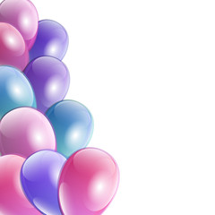 Fototapeta na wymiar Celebration party banner with colorful shining balloons frame with place for text. Greeting, invitation card or flyer. Flying pink, purple and blue pearl balloons