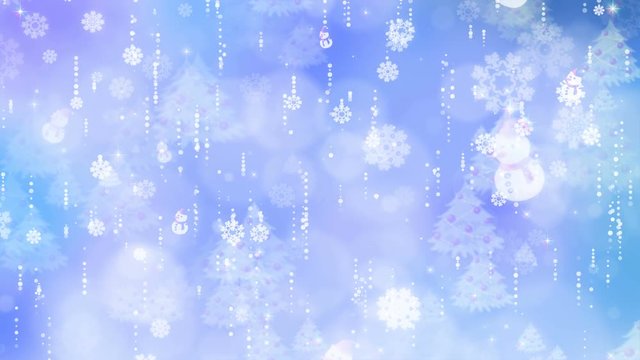 Blue snowflakes and christmas tree are slowly flying. Computer generated seamless loop abstract background.