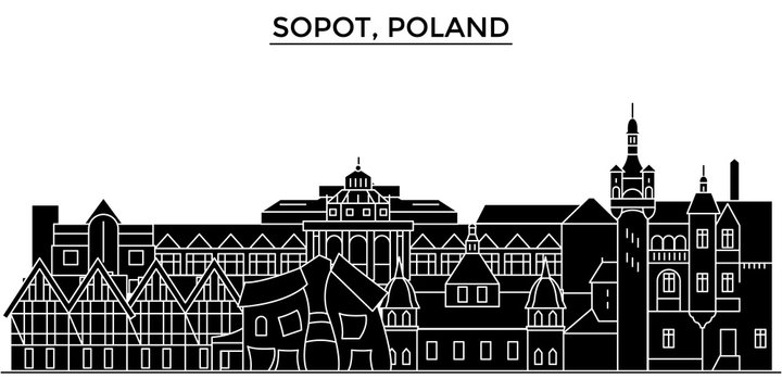 Poland, Sopot architecture skyline, buildings, silhouette, outline landscape, landmarks. Editable strokes. Flat design line banner, vector illustration concept. 