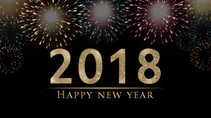 2018 New Year's eve illustration, card with colorful fireworks, glitter 2018 and bright, golden Happy New Year text on black background 