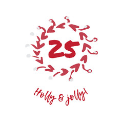 Hand-drawn festive Christmas and New Year card with holiday symbols calendar and calligraphic greeting inscription